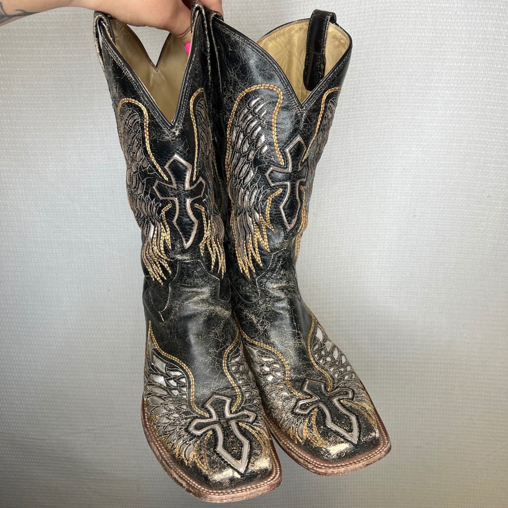 Corral Womens Black Distressed Leather Wing Cross Inlay Cowboy Boots A2005 11.5D - Picture 2 of 6
